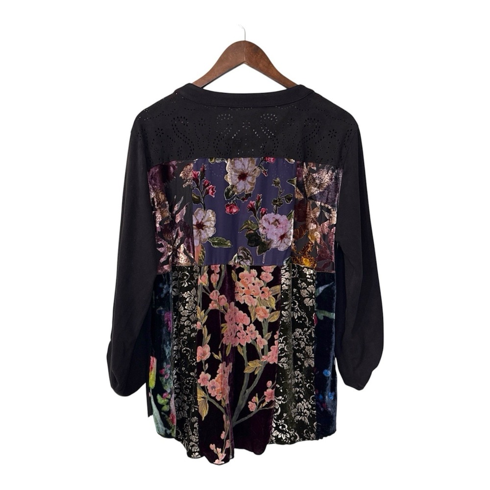 John Mark blouse women's large black suede floral mixed print patchwork boho art